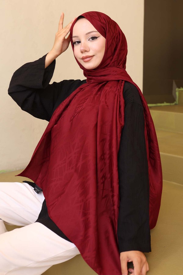 Desenli Jakarlı Şal Bordo İpk108