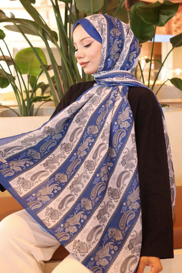 Etnik Desenli Şal Saks Mavisi İpk115 