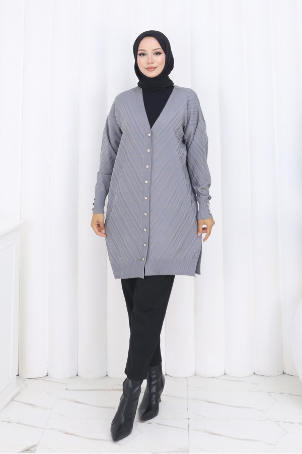 Desenli Uzun Merserize Hırka N3198 Gri Desenli Uzun Merserize Hırka N3198 Gri