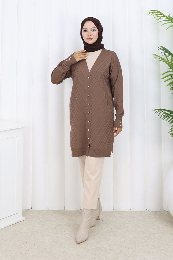 Desenli Uzun Merserize Hırka N3198 Vizon Desenli Uzun Merserize Hırka N3198 Vizon