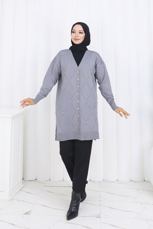 Taşlı Baklava Desenli Uzun Hırka N3246 Gri Taşlı Baklava Desenli Uzun Hırka N3246 Gri