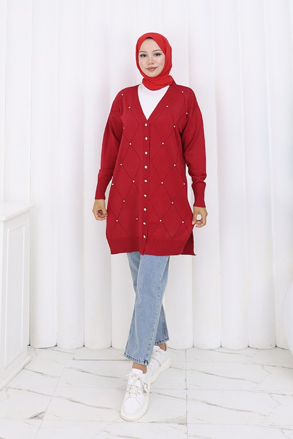 Taşlı Baklava Desenli Uzun Hırka N3246 Kırmızı Taşlı Baklava Desenli Uzun Hırka N3246 Kırmızı