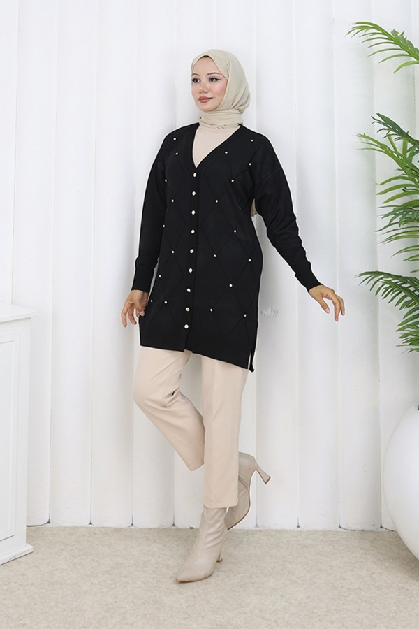 Taşlı Baklava Desenli Uzun Hırka N3246 Siyah Taşlı Baklava Desenli Uzun Hırka N3246 Siyah