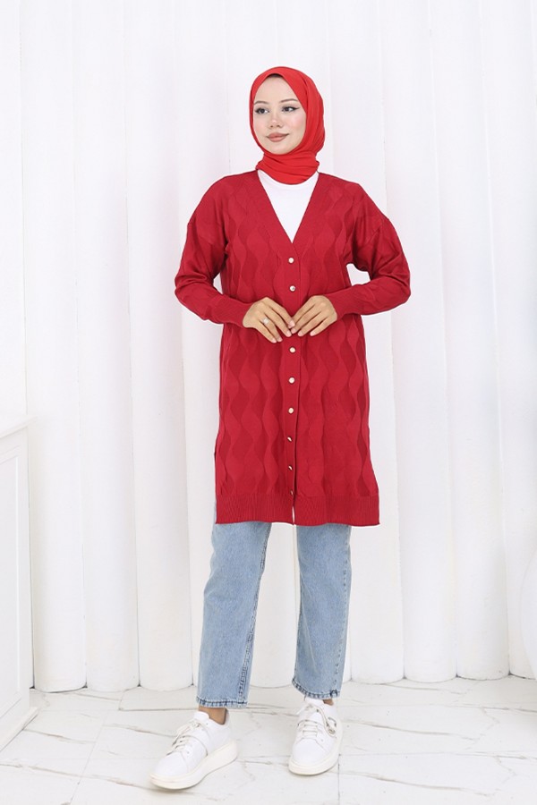 Desenli Uzun Merserize Hırka N3239 Kırmızı Desenli Uzun Merserize Hırka N3239 Kırmızı