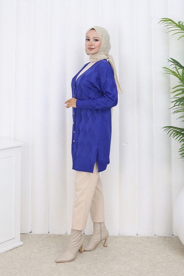 Desenli Uzun Merserize Hırka N3239 Saks Mavisi