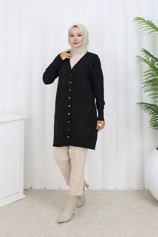 Desenli Uzun Merserize Hırka N3239 Siyah Desenli Uzun Merserize Hırka N3239 Siyah