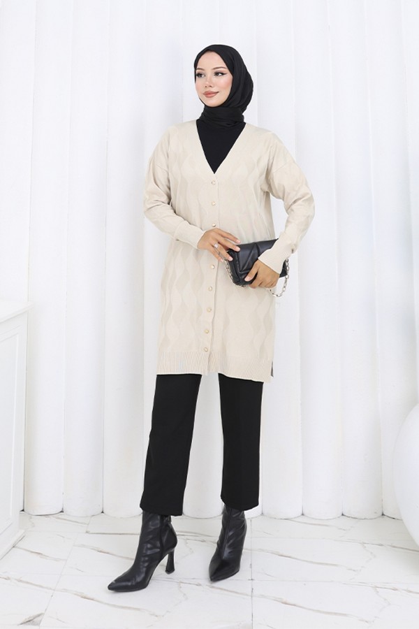 Desenli Uzun Merserize Hırka N3239 Taş Rengi Desenli Uzun Merserize Hırka N3239 Taş Rengi