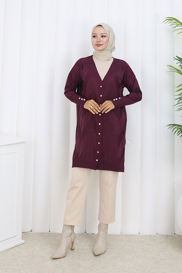 Desenli Uzun Merserize Hırka N3193 Bordo Desenli Uzun Merserize Hırka N3193 Bordo