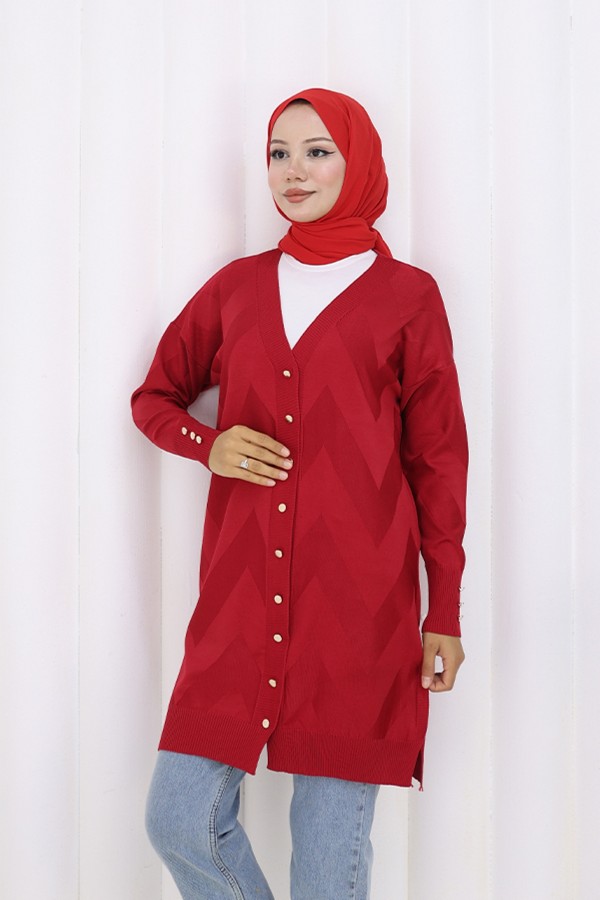 Desenli Uzun Merserize Hırka N3193 Kırmızı Desenli Uzun Merserize Hırka N3193 Kırmızı