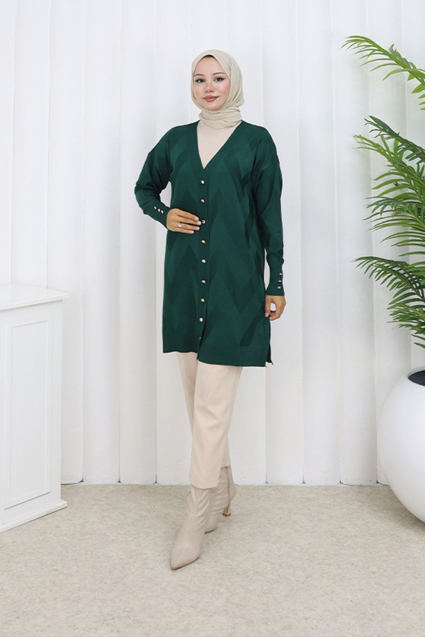 Desenli Uzun Merserize Hırka N3193 Zümrüt Yeşili Desenli Uzun Merserize Hırka N3193 Zümrüt Yeşili