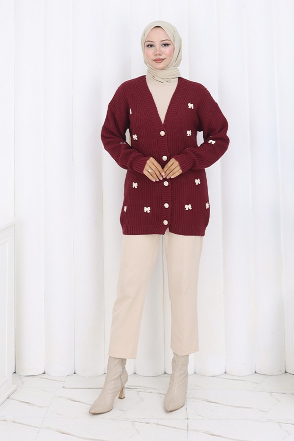 Fiyonk Detaylı Triko Hırka N490 Bordo Fiyonk Detaylı Triko Hırka N490 Bordo