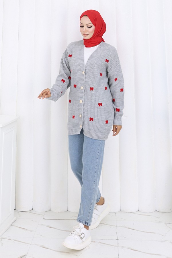 Fiyonk Detaylı Triko Hırka N490 Gri Fiyonk Detaylı Triko Hırka N490 Gri