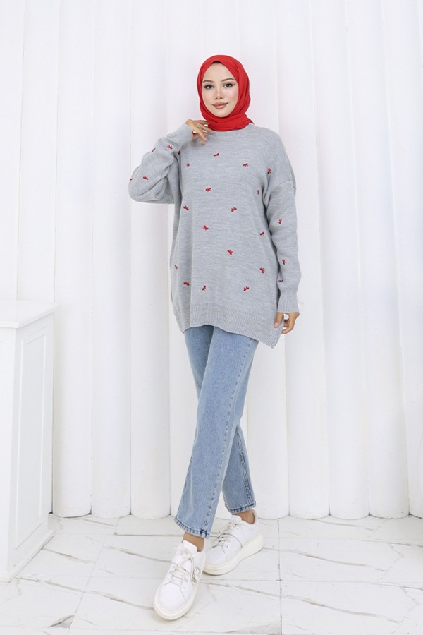 Fiyonk Desenli Triko Kazak N3251 Gri Fiyonk Desenli Triko Kazak N3251 Gri