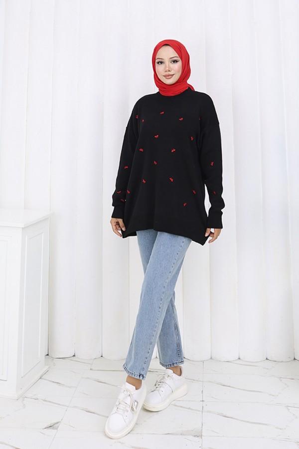 Fiyonk Desenli Triko Kazak N3251 Siyah Fiyonk Desenli Triko Kazak N3251 Siyah