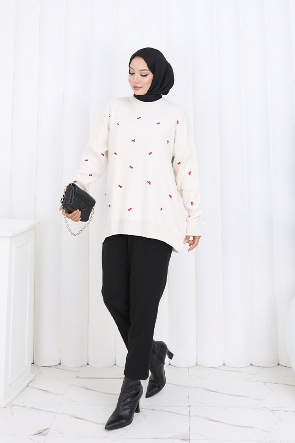 Fiyonk Desenli Triko Kazak N3251 Taş Rengi Fiyonk Desenli Triko Kazak N3251 Taş Rengi