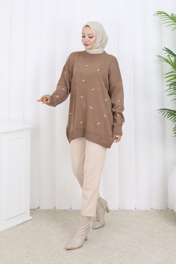 Fiyonk Desenli Triko Kazak N3251 Vizon Fiyonk Desenli Triko Kazak N3251 Vizon