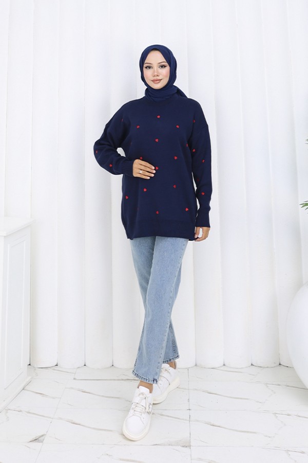Kalp Nakışlı Triko Kazak N3253 Lacivert