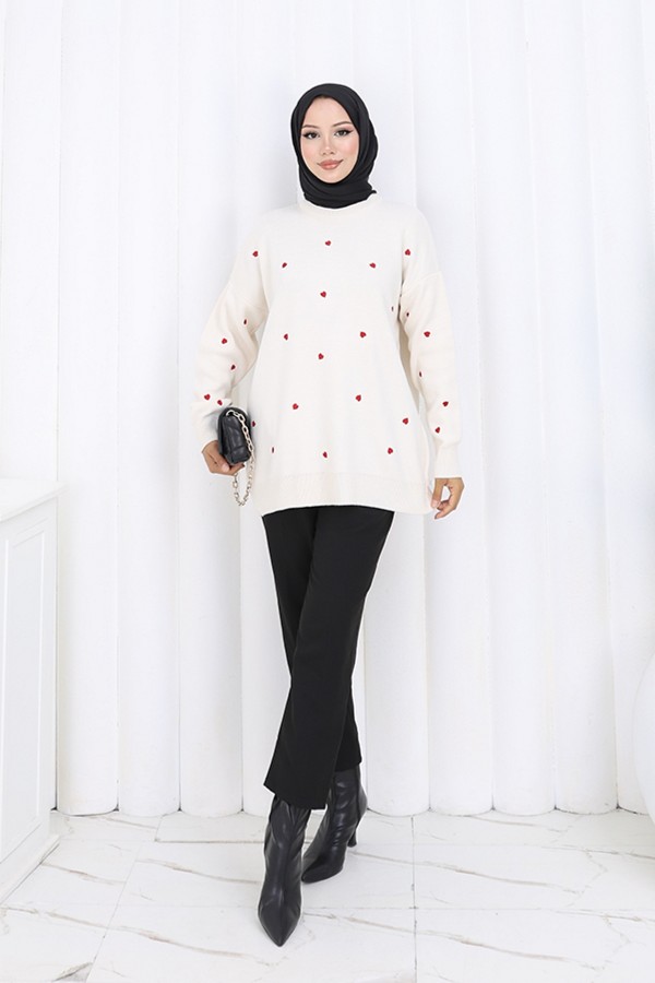 Kalp Nakışlı Triko Kazak N3253 Taş Rengi