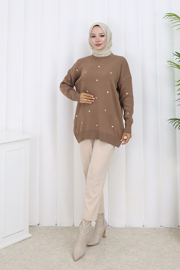 Kalp Nakışlı Triko Kazak N3253 Vizon