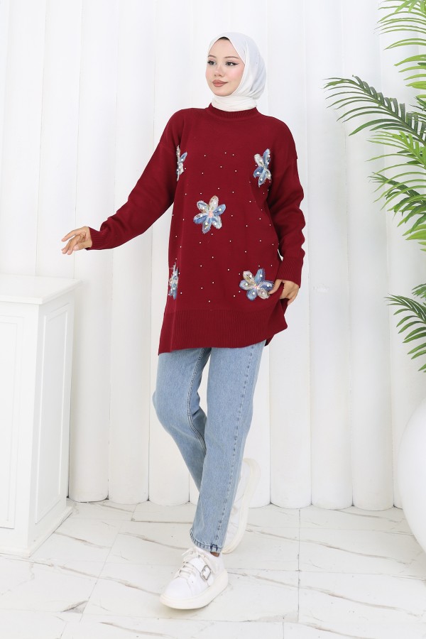 Çiçekli Triko Tunik S3010 Bordo