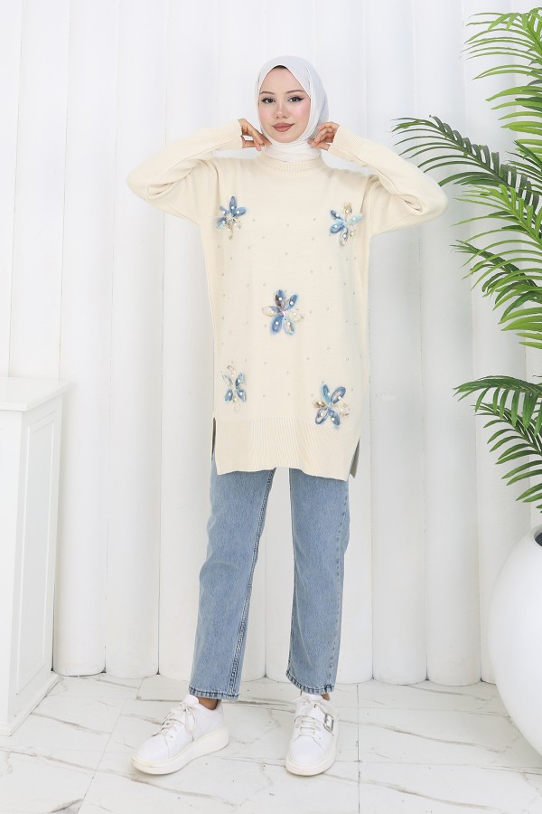 Çiçekli Triko Tunik S3010 Taş Rengi