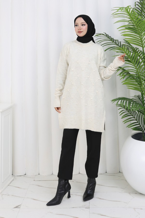 Desenli Triko Tunik S3027 Taş Rengi