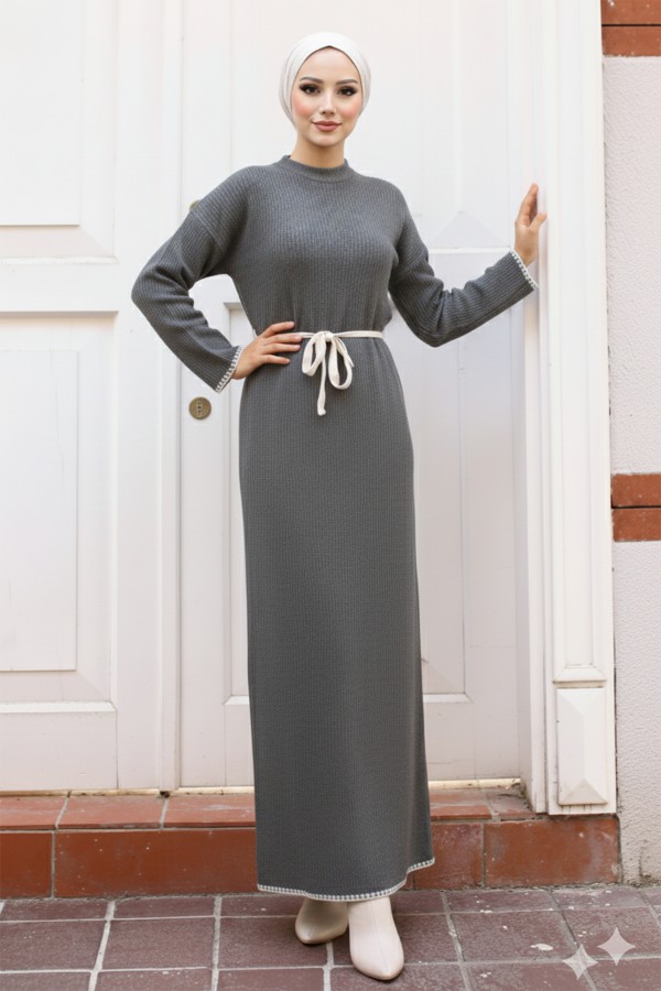 11040-17 Nakış Detaylı Triko Elbise Antrasit