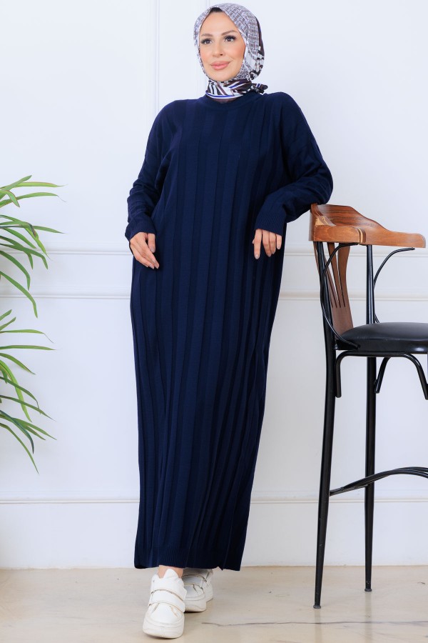 Kendinden Çizgili Triko Elbise K3021 Lacivert Kendinden Çizgili Triko Elbise K3021 Lacivert