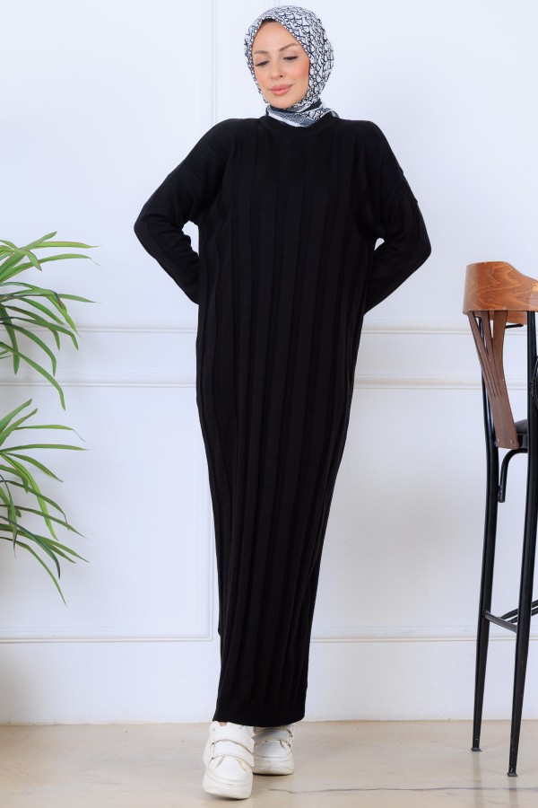 Kendinden Çizgili Triko Elbise K3021 Siyah Kendinden Çizgili Triko Elbise K3021 Siyah