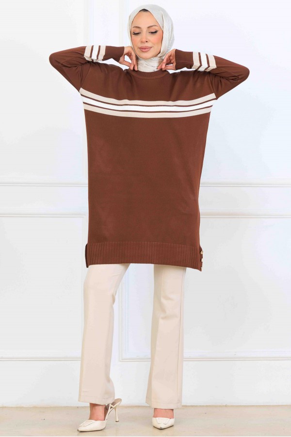 Şerit Detaylı Merserize Tunik K5020 Kahverengi