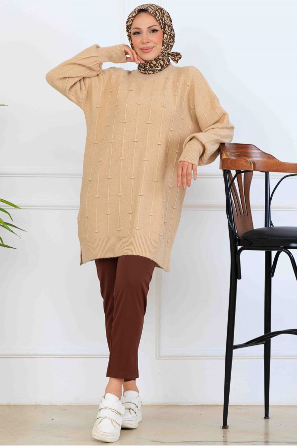 Desenli Triko Tunik K6003 Bej
