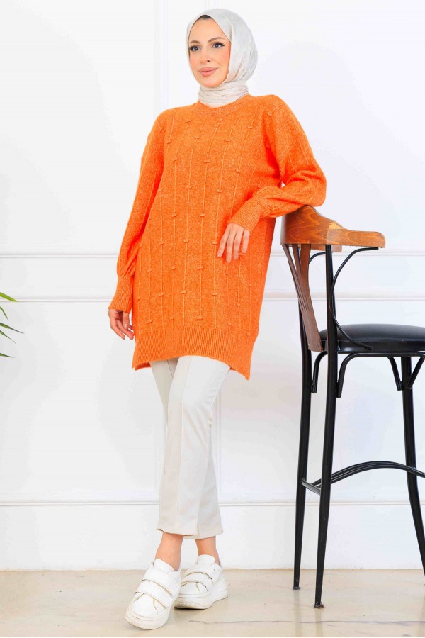 Desenli Triko Tunik K6003 Oranj