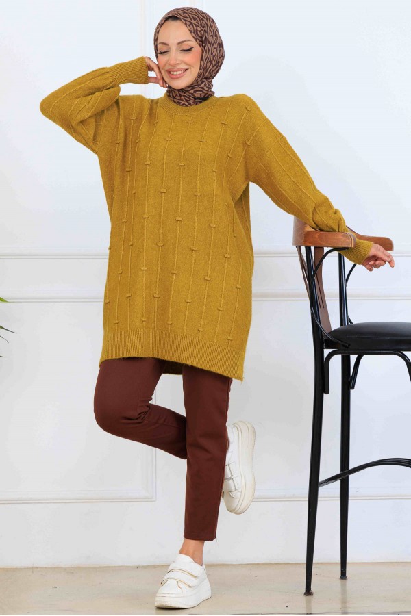 Desenli Triko Tunik K6003 Yağ Yeşili