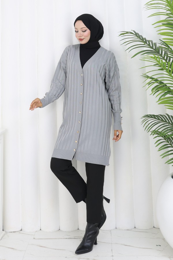 Kendinden Çizgili Uzun Merserize Hırka N3179 Gri