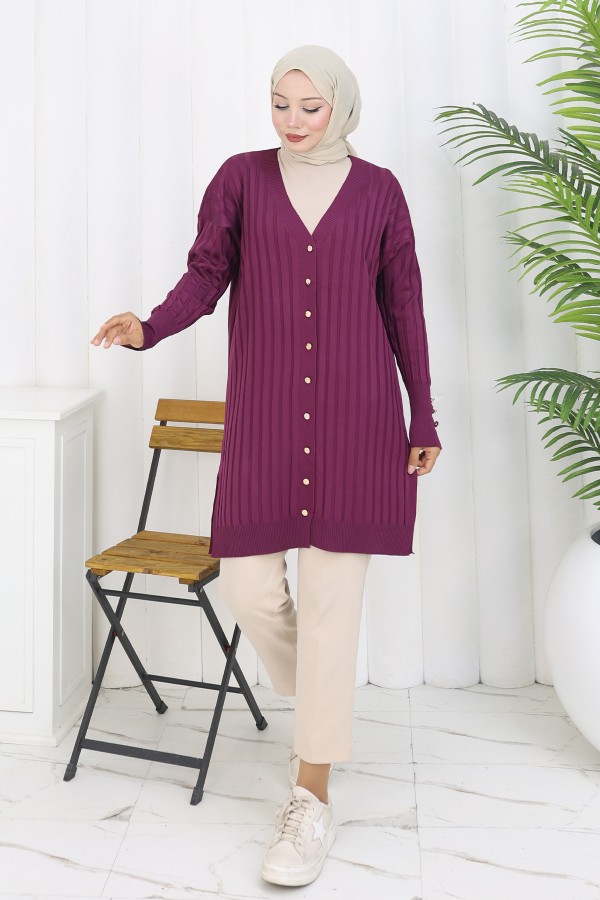 Kendinden Çizgili Uzun Merserize Hırka N3179 Mürdüm