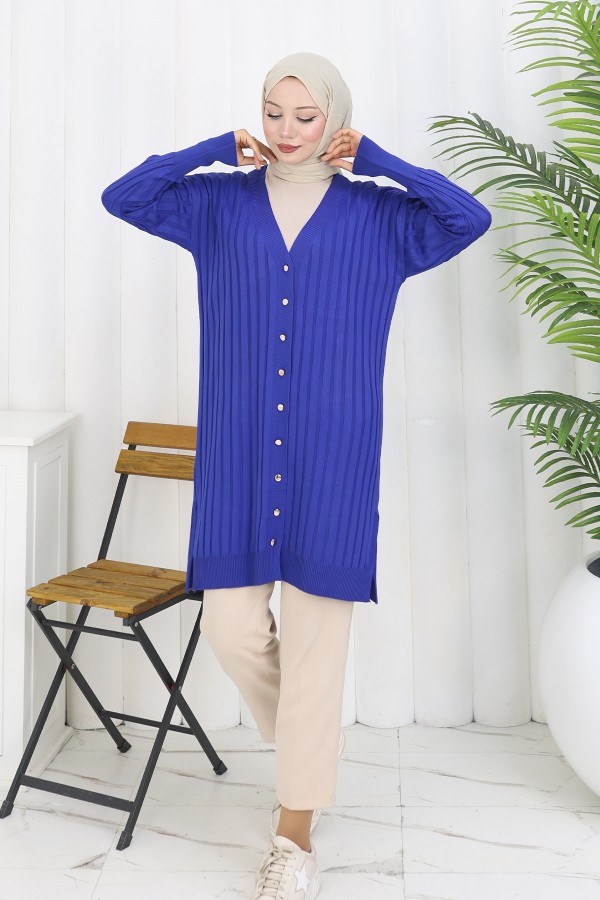 Kendinden Çizgili Uzun Merserize Hırka N3179 Saks Mavisi