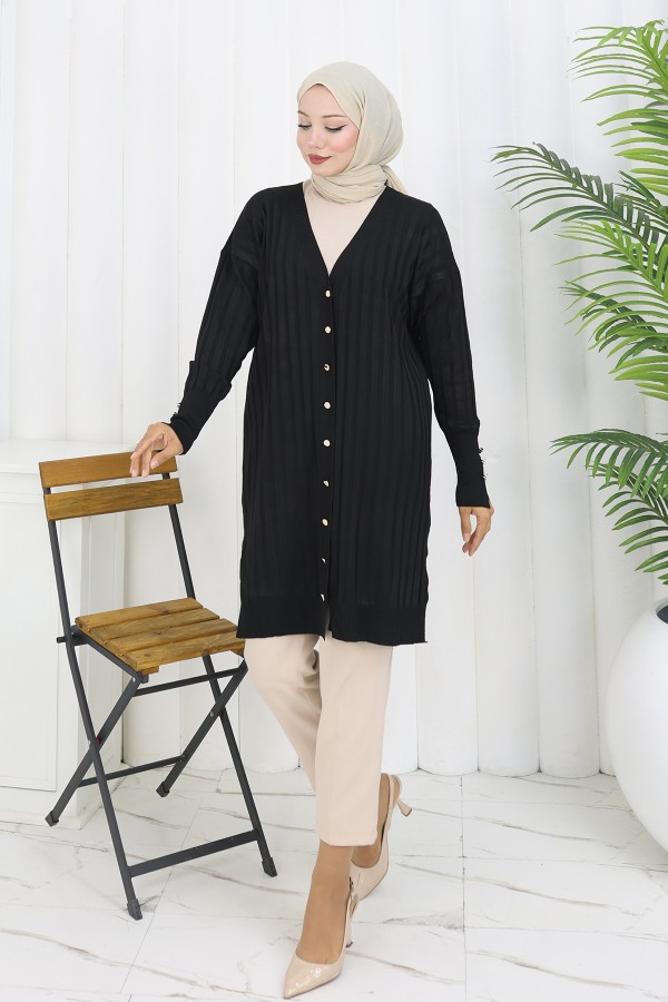 Kendinden Çizgili Uzun Merserize Hırka N3179 Siyah