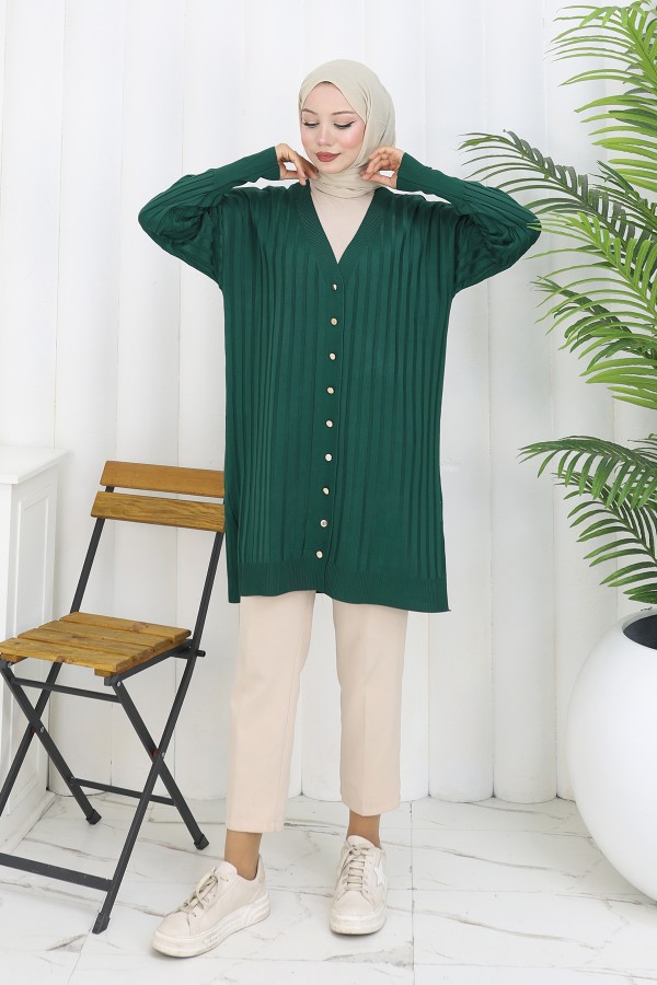 Kendinden Çizgili Uzun Merserize Hırka N3179 Zümrüt Yeşili