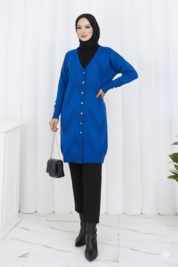 Desenli Uzun Merserize Hırka N3193 Saks Mavisi