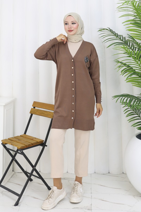 Yaka Detaylı Uzun Merserize Hırka N3260 Vizon