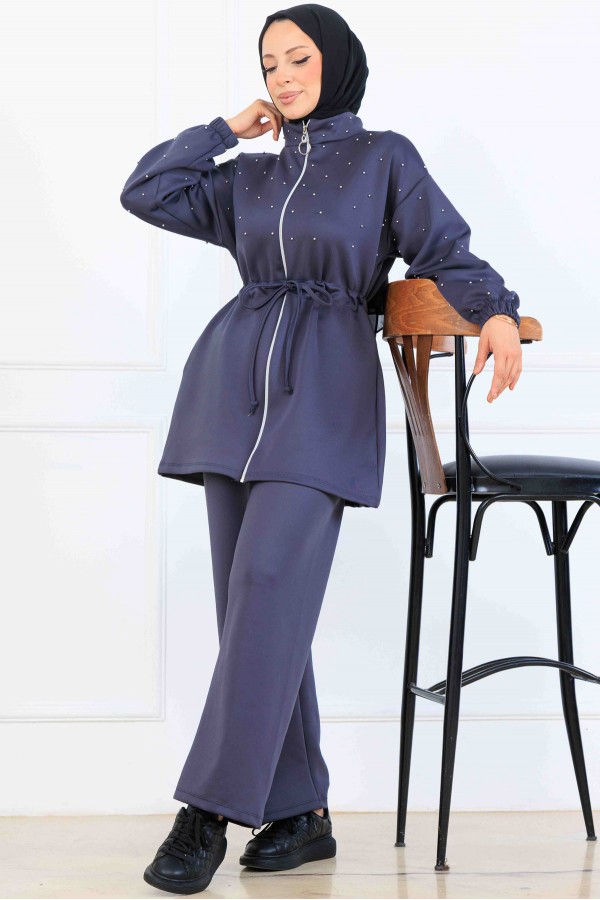 Boncuk Detaylı Scuba İkili Takım N5361 Antrasit