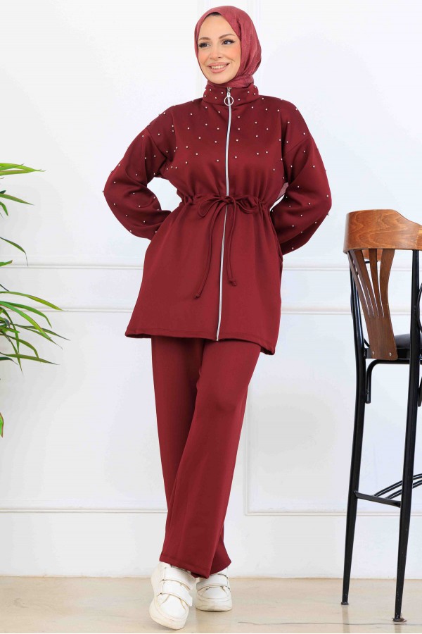 Boncuk Detaylı Scuba İkili Takım N5361 Bordo