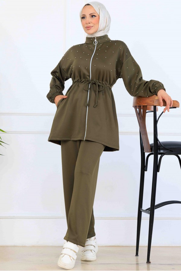 Boncuk Detaylı Scuba İkili Takım N5361 Haki