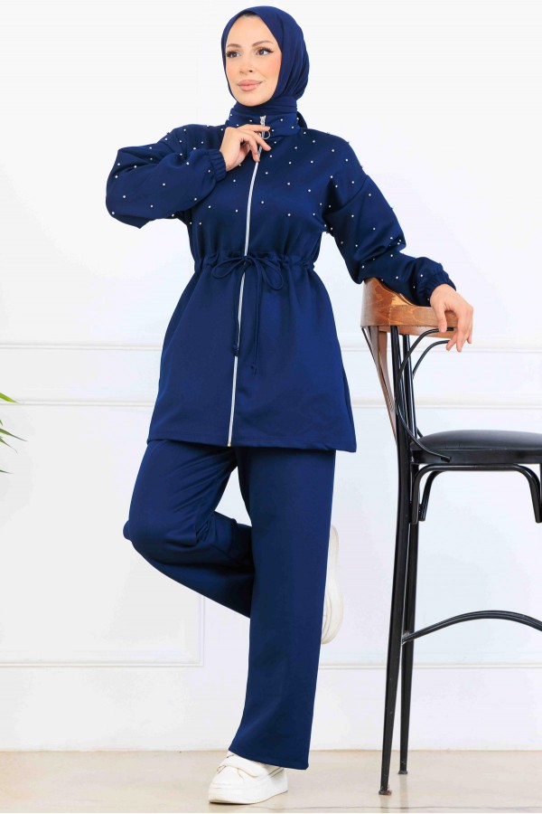 Boncuk Detaylı Scuba İkili Takım N5361 Lacivert