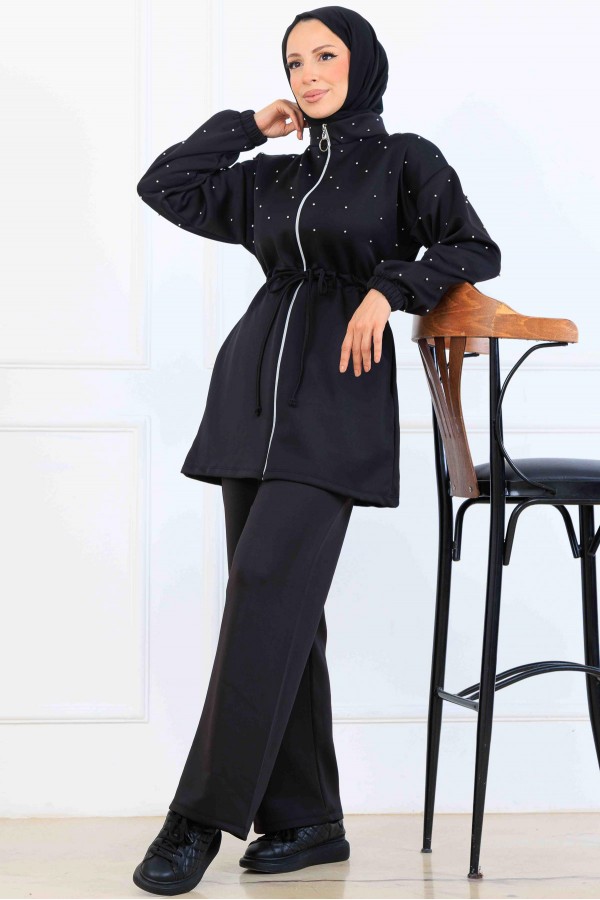 Boncuk Detaylı Scuba İkili Takım N5361 Siyah Boncuk Detaylı Scuba İkili Takım N5361 Siyah