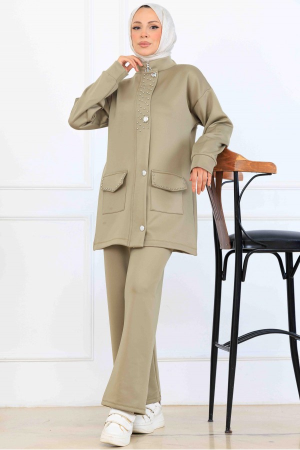 Boncuk Detaylı Scuba İkili Takım N5334 Çağla Boncuk Detaylı Scuba İkili Takım N5334 Çağla