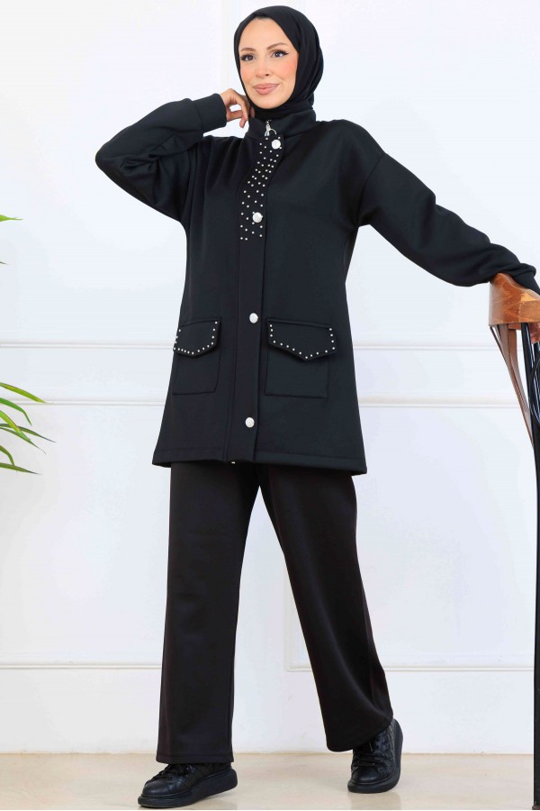 Boncuk Detaylı Scuba İkili Takım N5334 Siyah Boncuk Detaylı Scuba İkili Takım N5334 Siyah