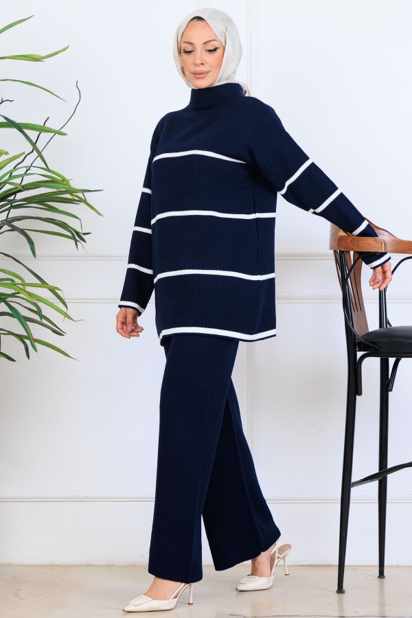 Fitilli Çizgili Triko Takım H25301 Lacivert