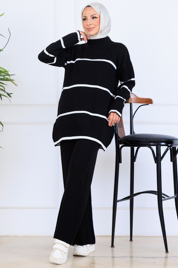 Fitilli Çizgili Triko Takım H25301 Siyah