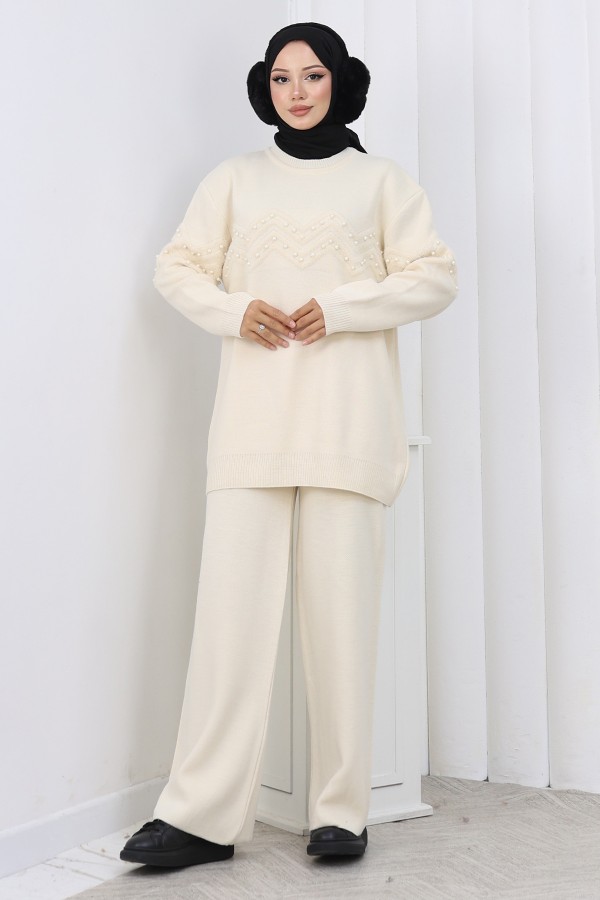 Zikzak Boncuklu Takım H25307 Taş Rengi